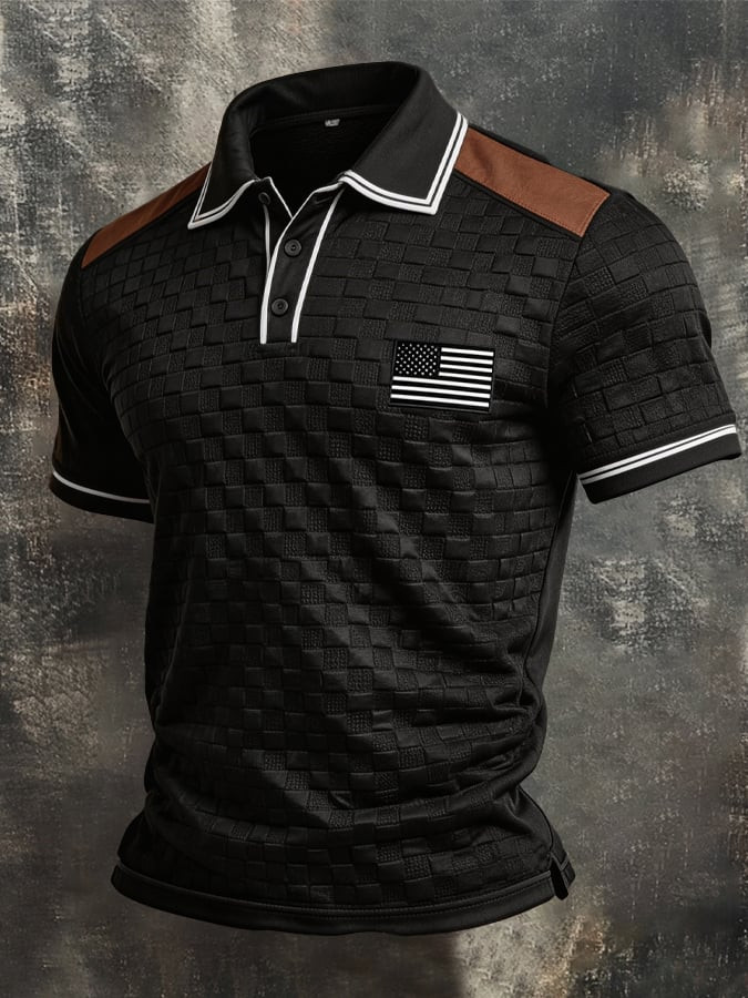 Retro Textured Patriotic American Flag Polo Shirt Color Block Short Sleeve Casual Gift For Dad
