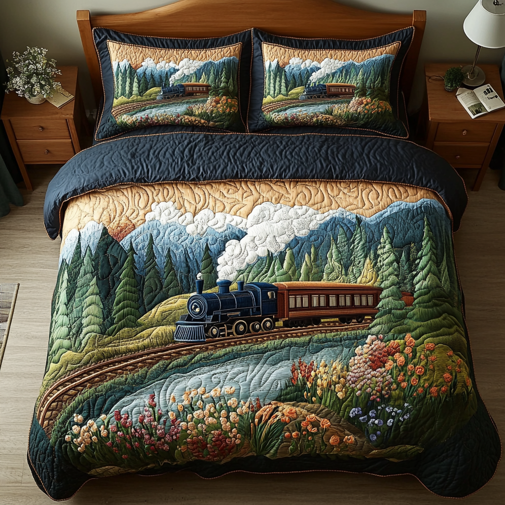 Retro Train Quilted Bedding Set Duvet Cover Bed Sheet Set Train Gifts For Him