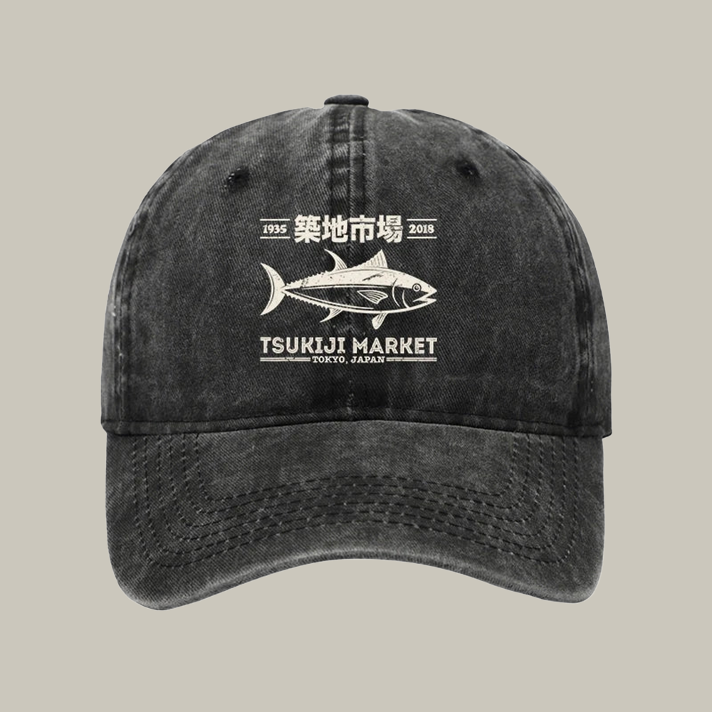 Retro Tsukiji Fish Market Streetwear Tokyo Washed Cap Funny Ball Cap Xmas Gifts For Son