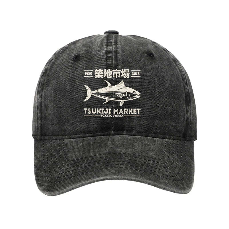 Retro Tsukiji Fish Market Streetwear Tokyo Washed Hat Japanese Style Trendy Baseball Cap Present