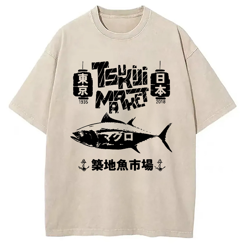 Retro Tsukiji Fish Market Washed T-Shirt Unique Aesthetic Fashion Tee Gifts For BFF