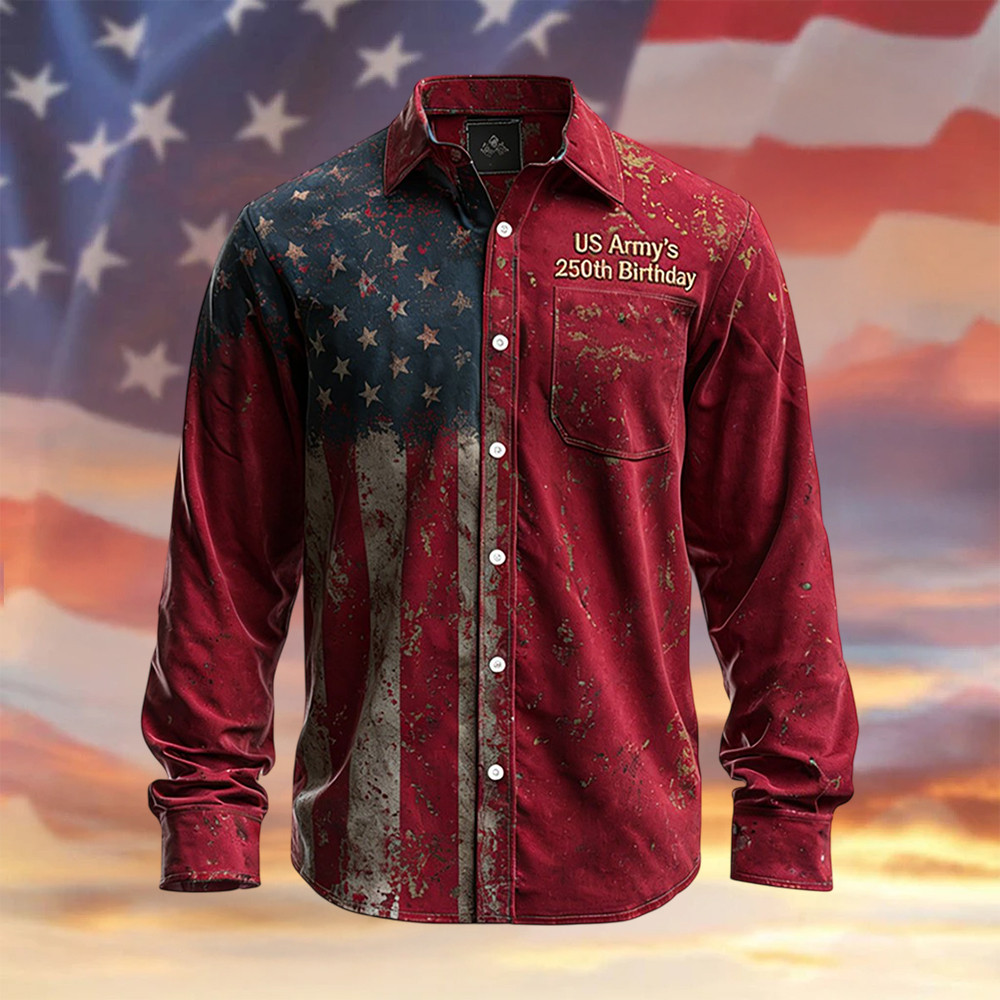 Retro US Army's 250th Birthday Button Up Long Sleeve Shirt Veteran Apparel Gift For Husband