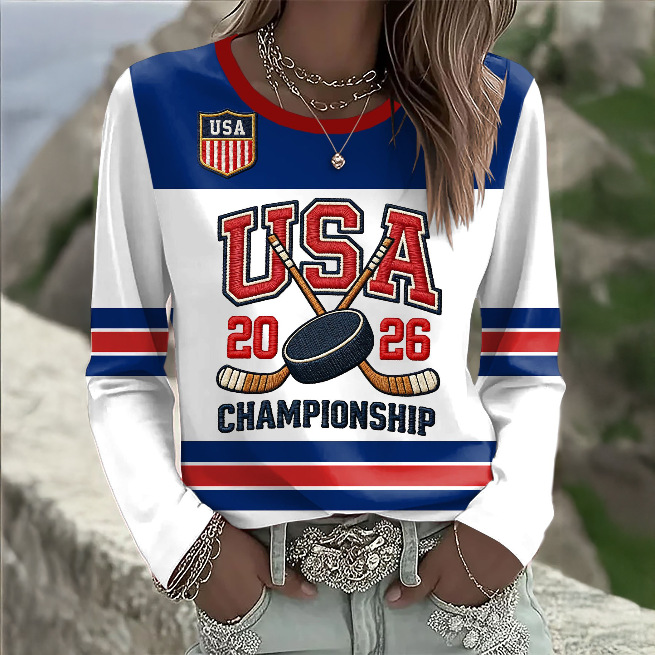 Retro USA Ice Hockey 2026 Championship Long Sleeve Shirt USA Hockey Team Merch Gift For Wife