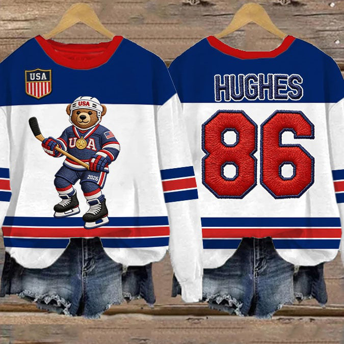 Retro USA Ice Hockey Teddy Bear 86 Sweatshirt Jack Hughes Apparel Hockey Gear