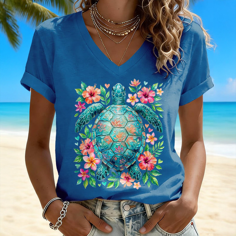 Retro Vacation Beach Colorful Sea Turtle Floral V-Neck Shirt Galathreads Shirt Gift For Wife