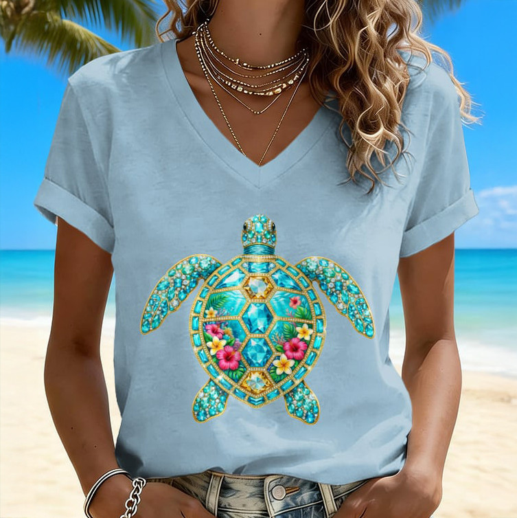 Retro Vacation Beach Colorful Sea Turtle Floral V-Neck Shirt Galathreads Shirt Mother's Day Gift