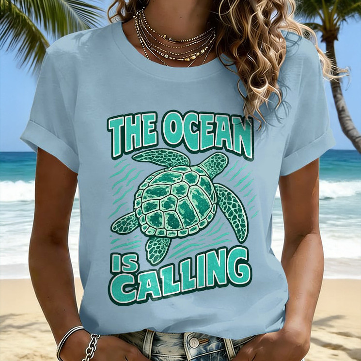 Retro Vacation Sea Turtle The Ocean Is Calling T-Shirt Streetwear Clothes Gift For Wife
