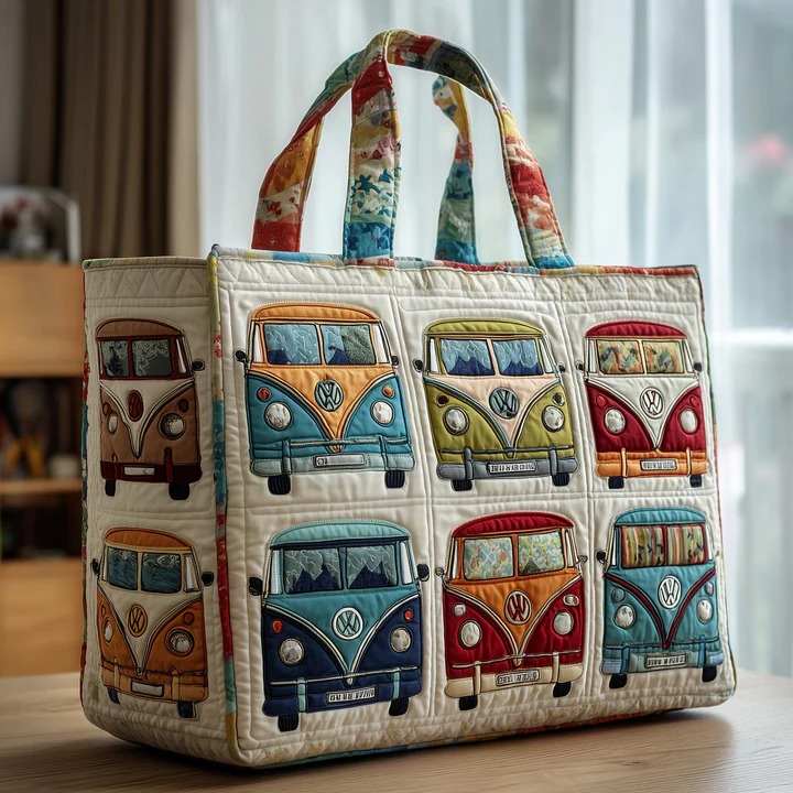 Retro Van Collection Quilted Tote Bag Multi Van Pattern Bag Best Gift For Van Lovers