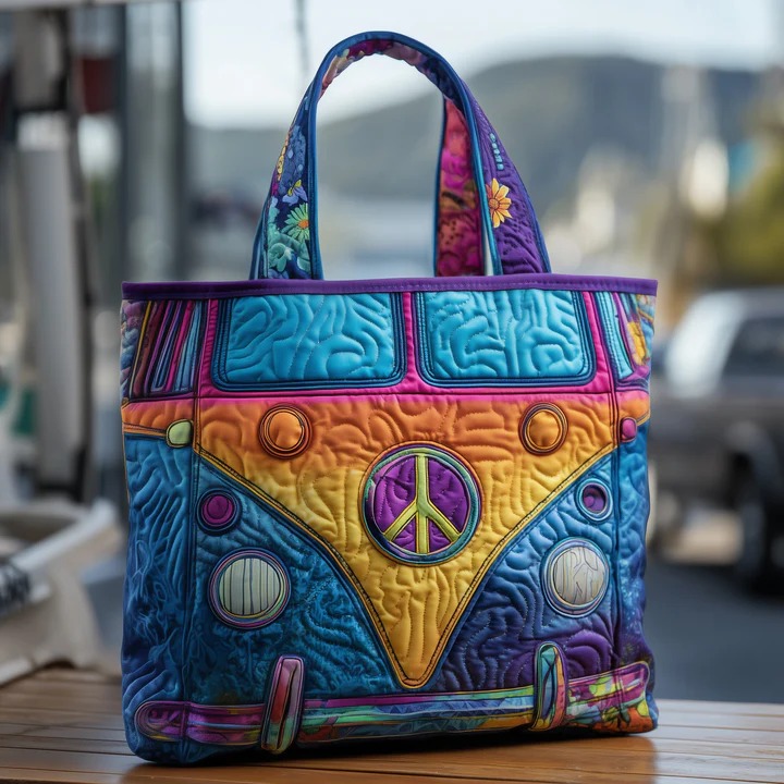 Retro Van Quilted Tote Bag Hippie Peace Sign Bag Colorful Boho Gift For Women