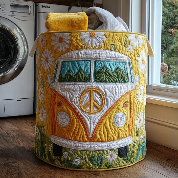 Retro Wander Hippie Van Quilted Laundry Basket Boho Adventure Home Decor Best Gift For Travel Lovers
