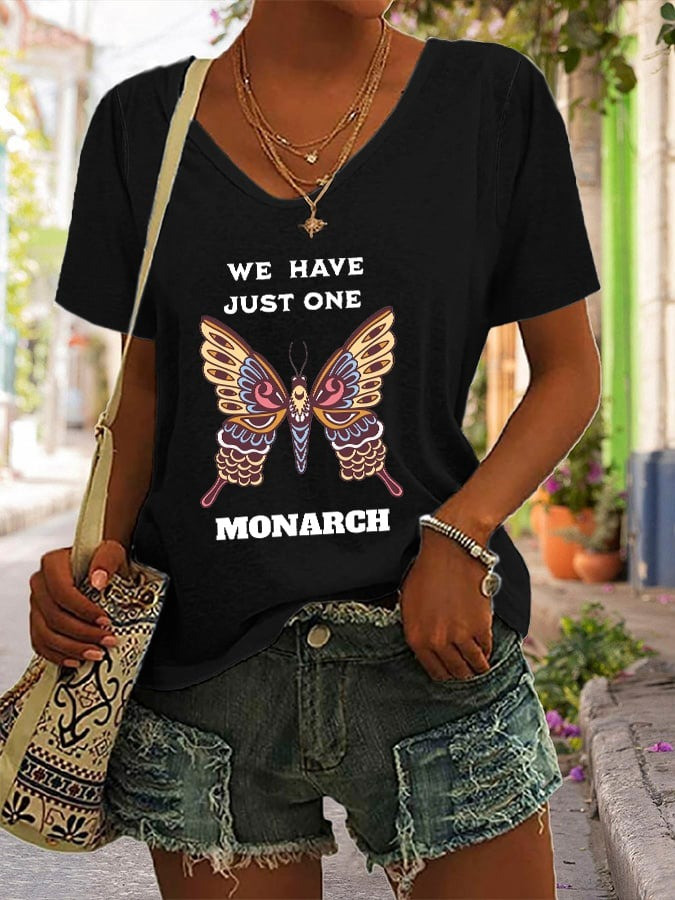 Retro We Have Just One Orange Monarch Print V-Neck Shirt Gifts For Mama