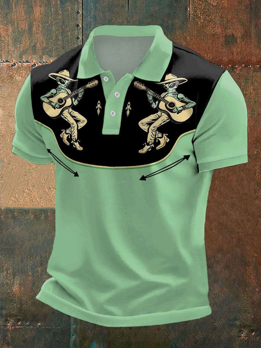 Retro Western Alien Cowboy Play Guitar Polo Shirt Birthday Gifts For Music Lovers