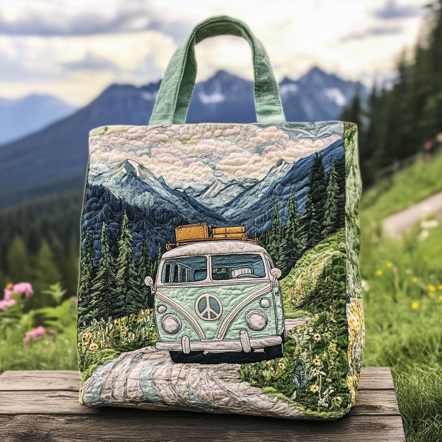 Retro Wheelscape Quilted Tote Bag Camping Gifts For Couples