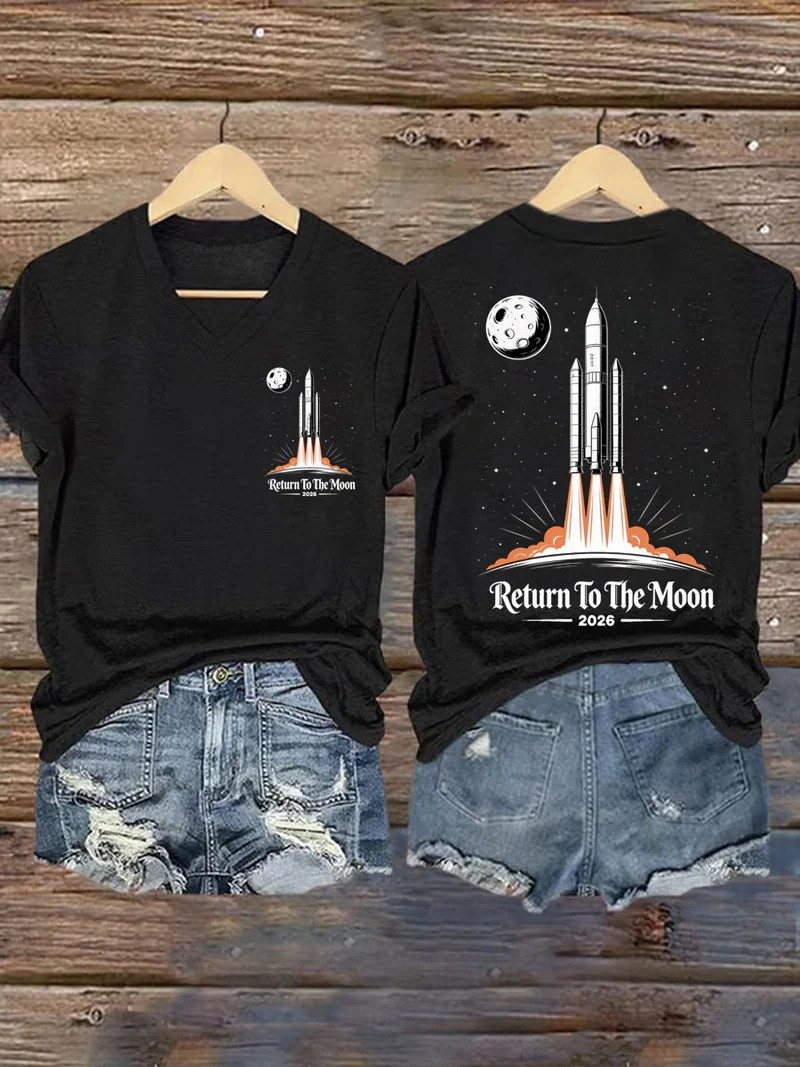 Return To The Moon 2026 V-Neck Shirt NASA Artemis Rocket Moon Mission Clothing Gift For Mom
