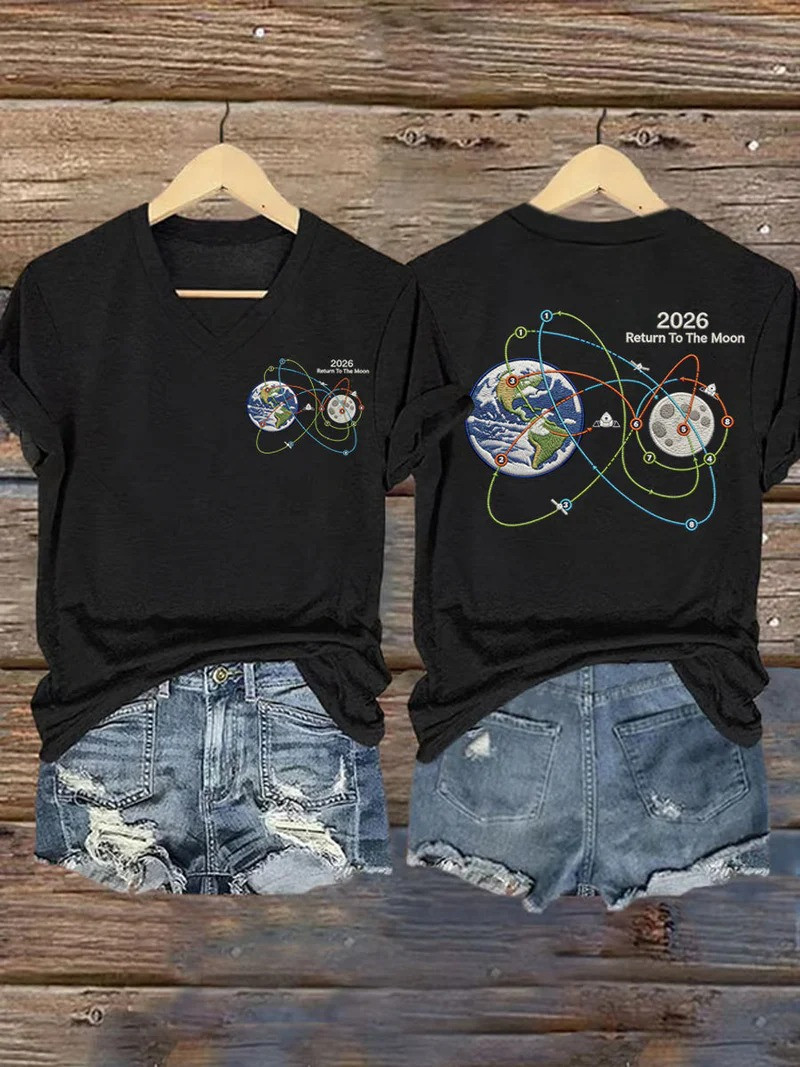 Return To The Moon 2026 V-Neck Shirt NASA Artemis Rocket Moon Mission Merch Gift For Her