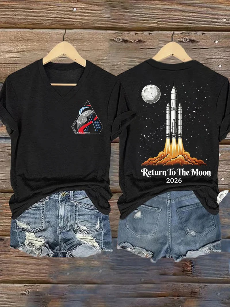Returning To The Moon 2026 V-Neck Shirt Moon Rocket Artemis II 2026 Clothing Gift For Women
