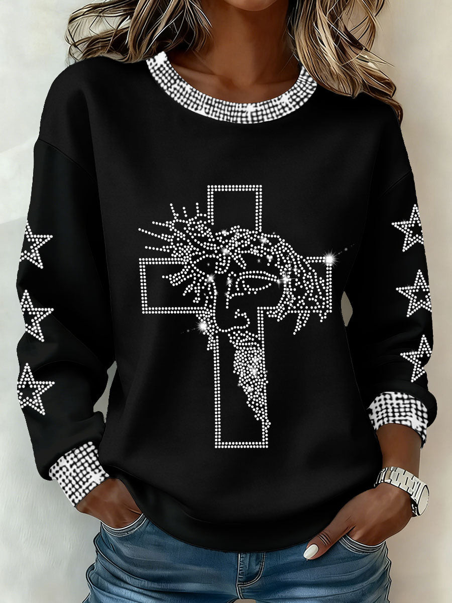 Rhinestone Cross Jesus Long Sleeve Shirt Christian Faith Crewneck Sparkle Pullover Gift For Her