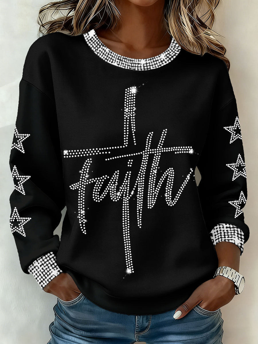 Rhinestone Faith Cross Long Sleeve Shirt Bling Christian Faith Sparkle Gift Clothing