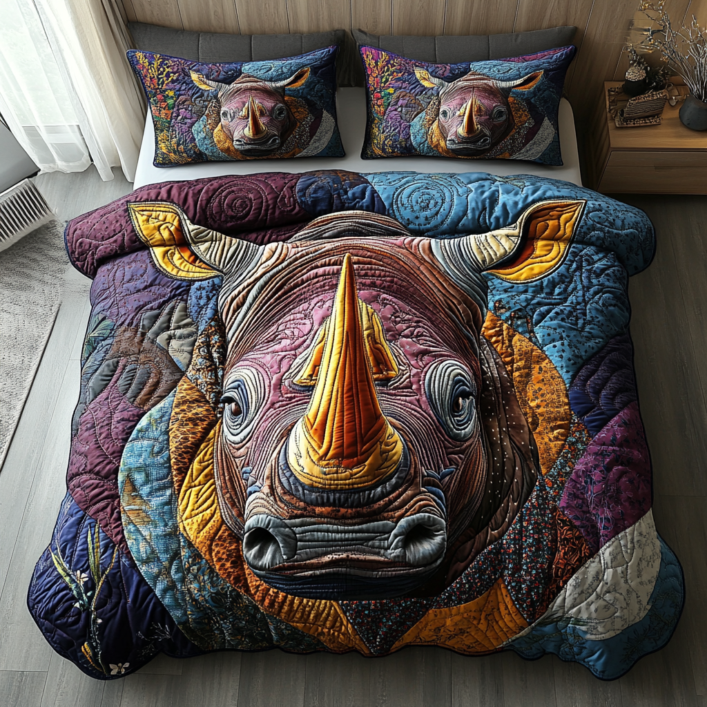 Rhino Majesty Quilted Bedding Set Unique Bed Sheet Set Gifts For Rhino Lovers