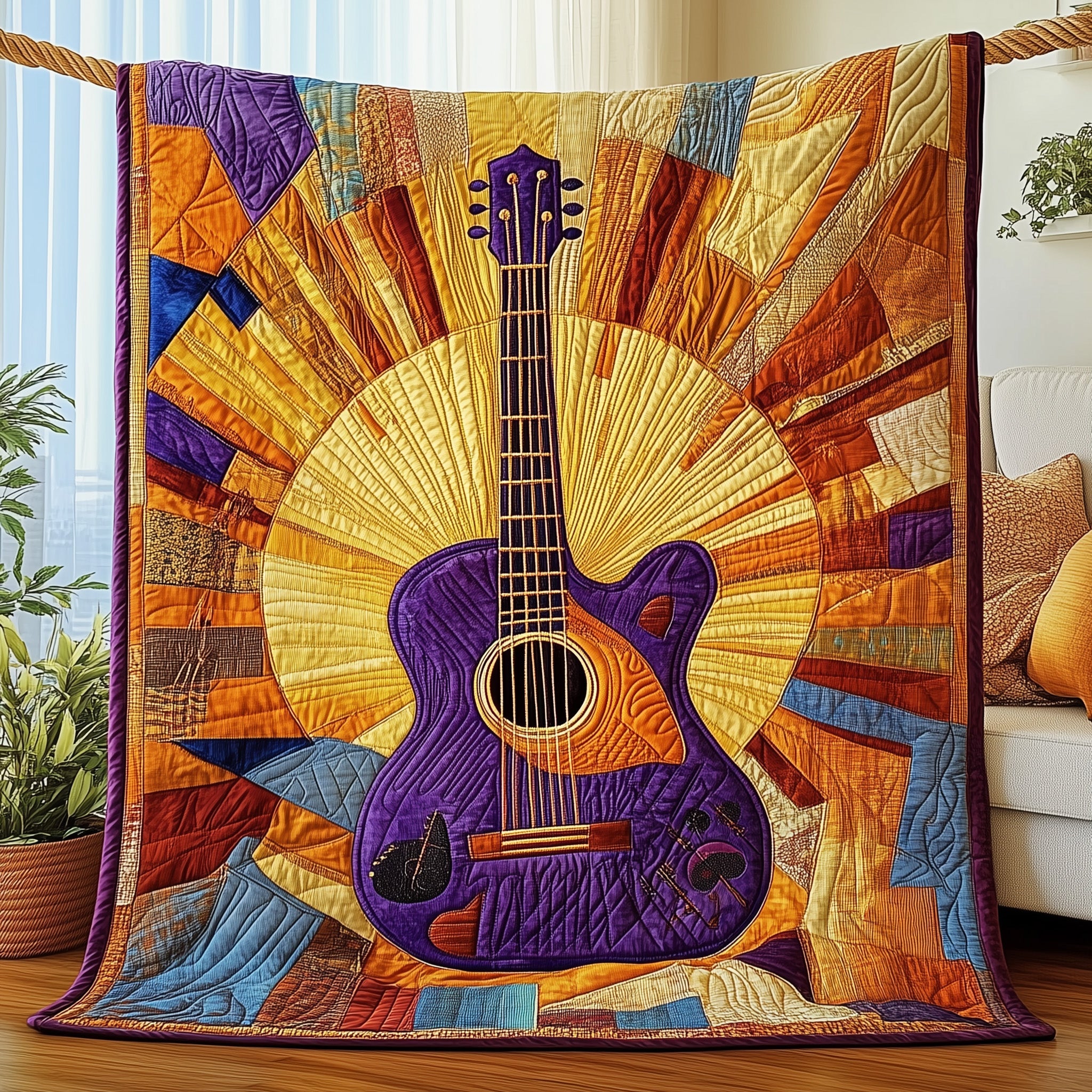 Rhythms of the Sun Quilted Blanket Cute Cozy BlanketChristmas Presents For Guitar Players