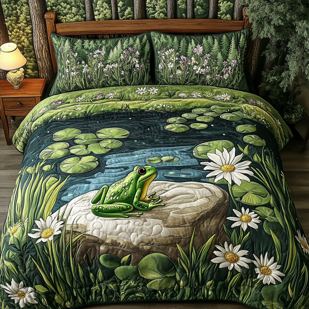 Ribbit Retreat Quilted Bedding Set Holiday Duvet Covers Frog Gifts For Adults
