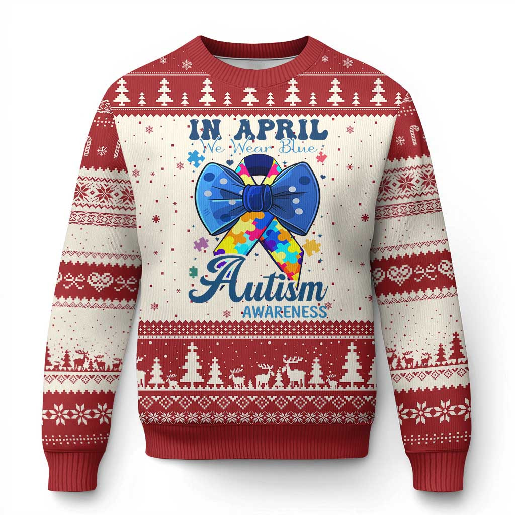 Ribbon Coquette Bow Autism Awareness Ugly Christmas Sweater Autism Support Jumper Gifts