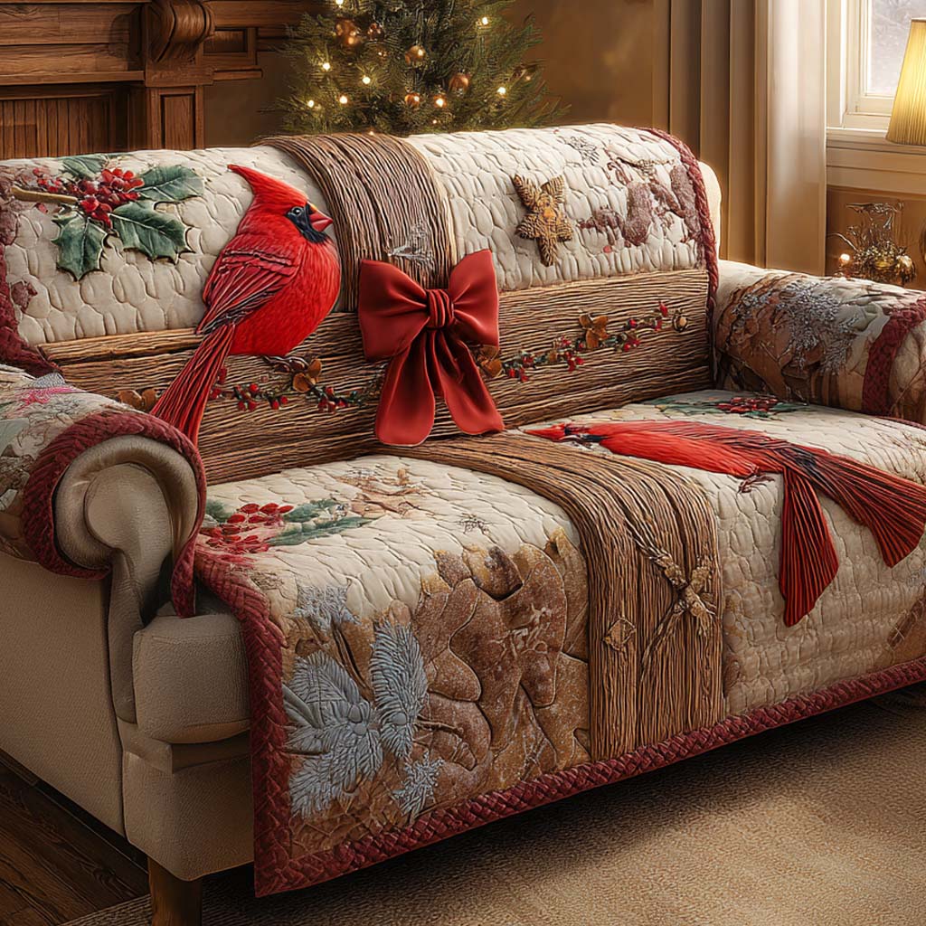 Ribboned Christmas Charm Quilted Sofa Cover Holiday Living Christmas Decor Cardinal Gifts For Friend