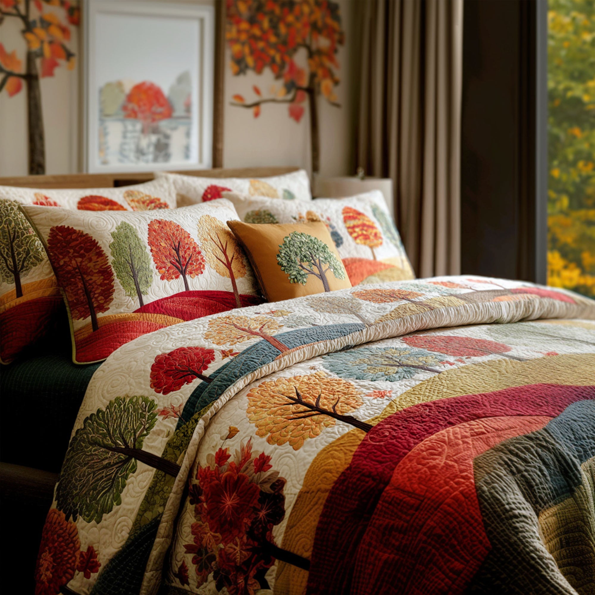 Rich Fall Colors Quilted Bedding Set Bed Decorations Autumn Gift Ideas