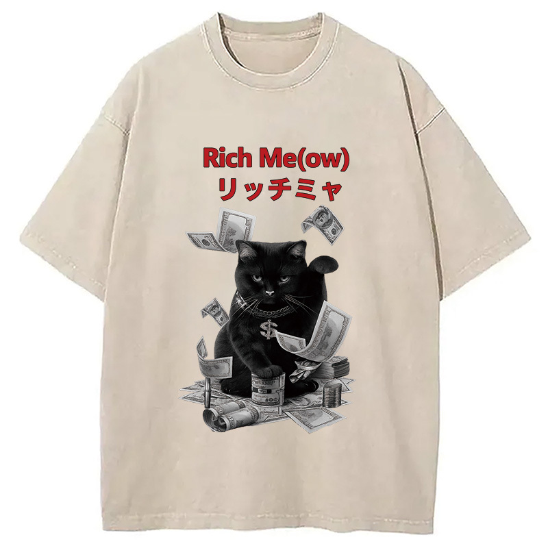 Rich Me(ow) Cat Washed T-Shirt Funny Aesthetic Trendy Apparel Gifts For Besties