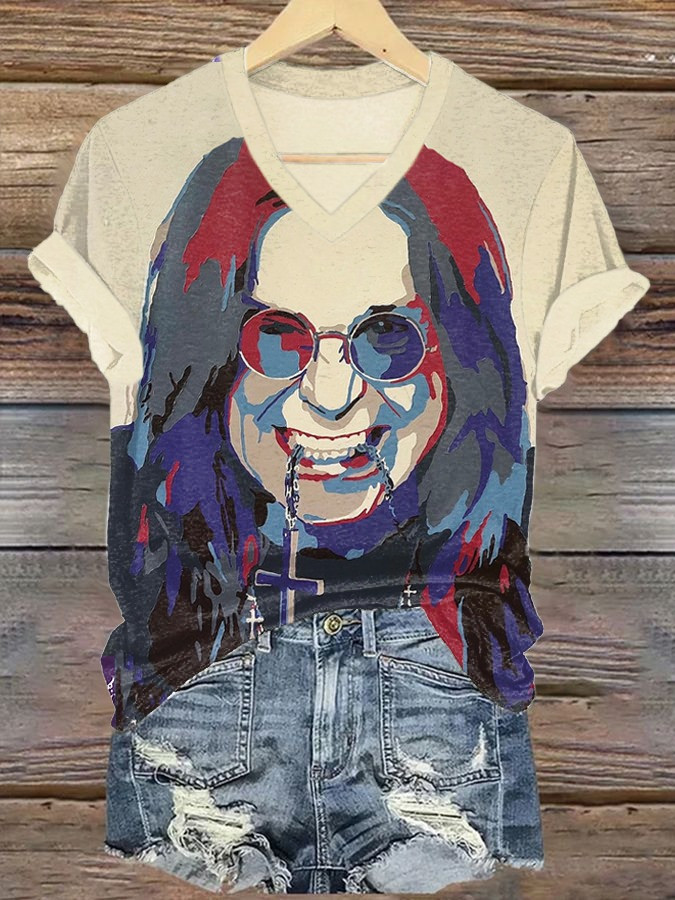 RIP In Loving Memory Face Ozzy Osbourne V-Neck Shirt Womens Black Sabbath Fan Gifts For Her