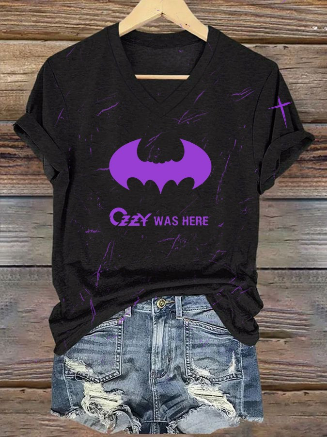 RIP Ozzy Osbourne Bat Batman Was Here V-Neck T-Shirt Womens In Loving Memory Fan Gifts