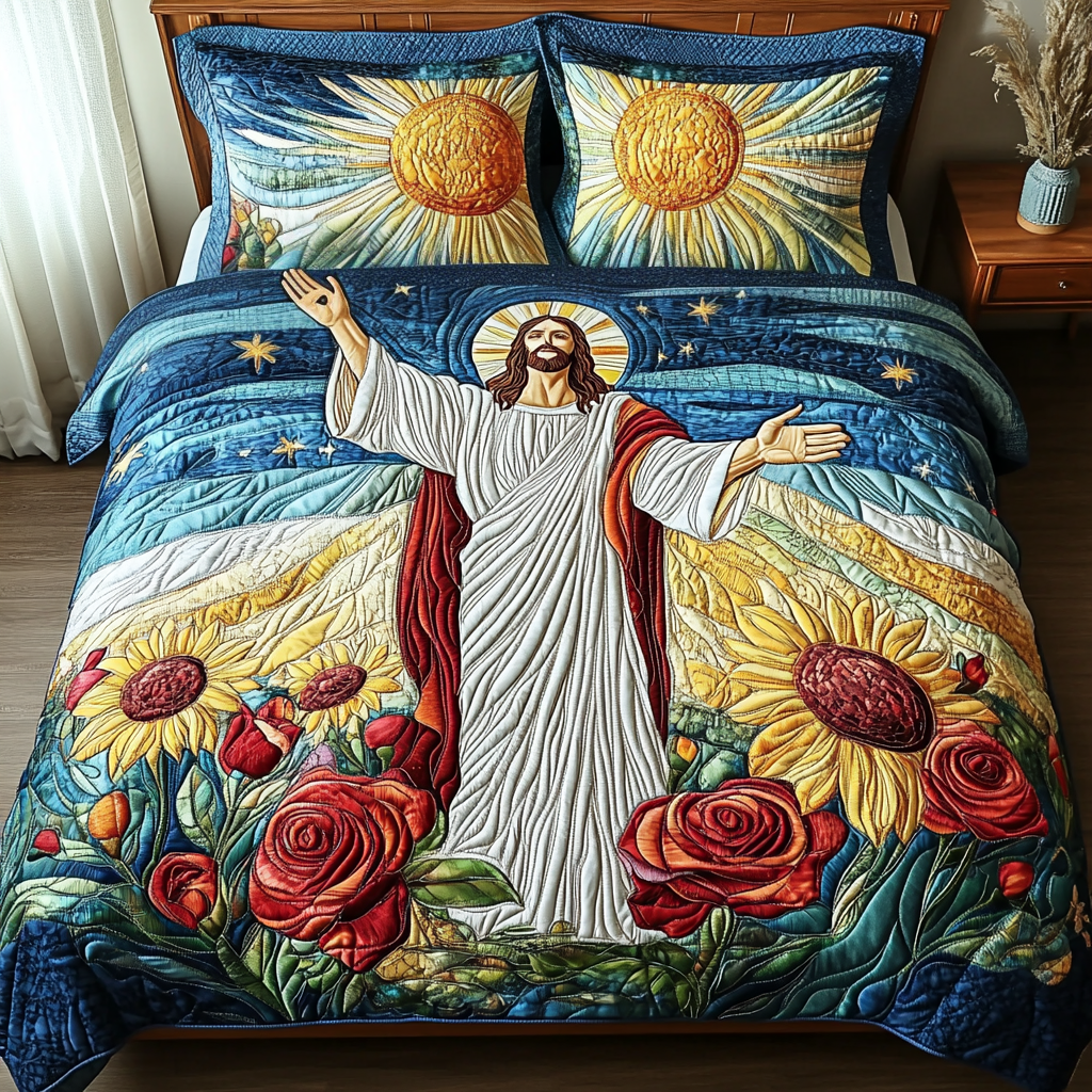 Risen Light Quilted Bedding Set Bed Decor Spiritual Gift Of Faith
