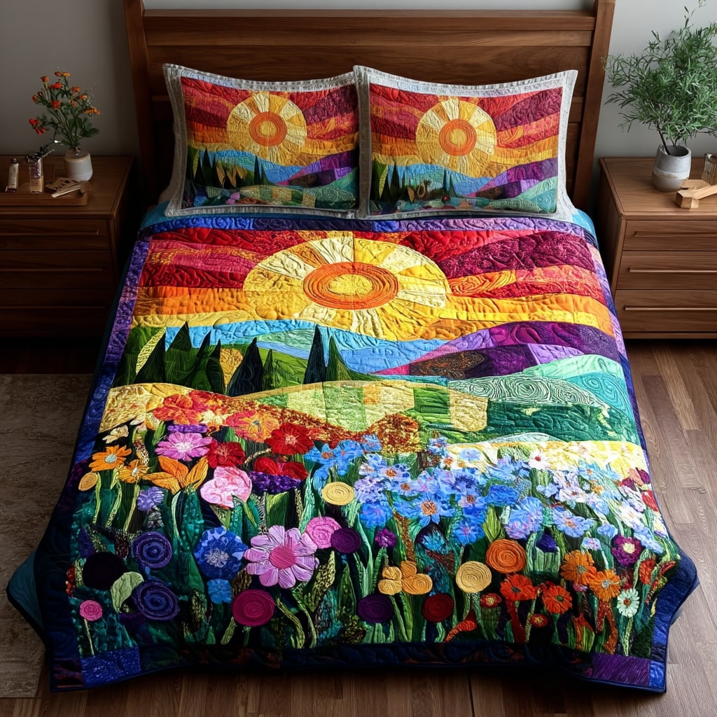 Rising Sun Quilt Quilted Bedding Set King Size Comforter Sunrise Inspired Gift For Dad