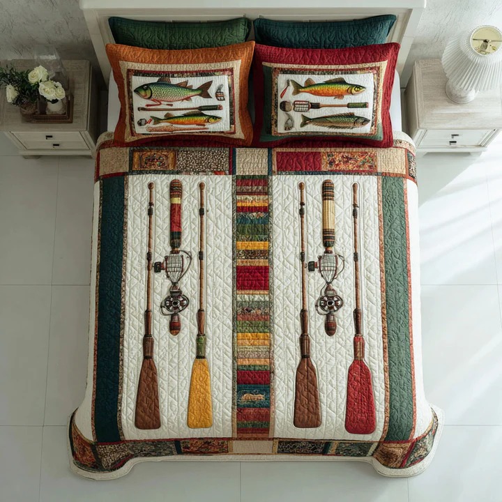 River Catch Quilted Bedding Set Rustic Fishing Bedroom Decor Cozy Gift For River Lovers