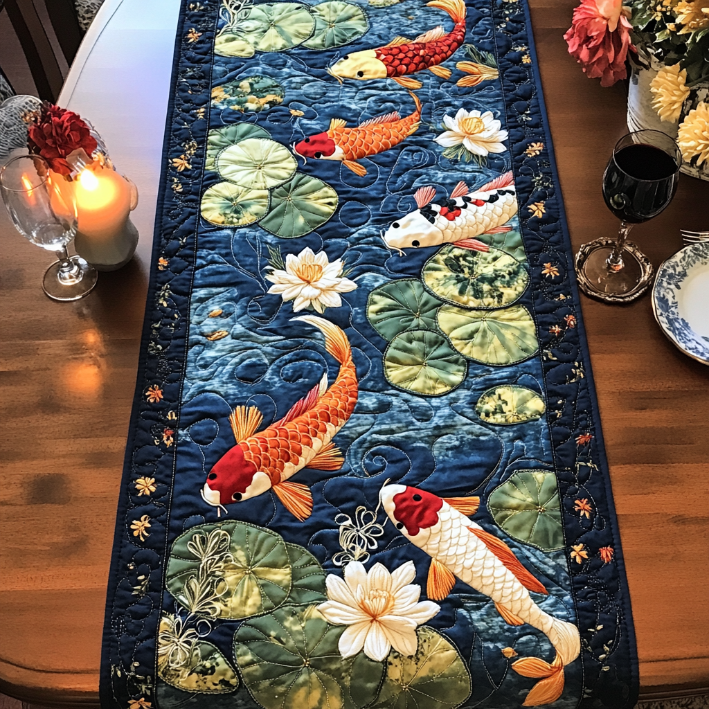 River Dance Quilted Table Runner Dining Room Decor Ideas Gifts For Koi Lovers