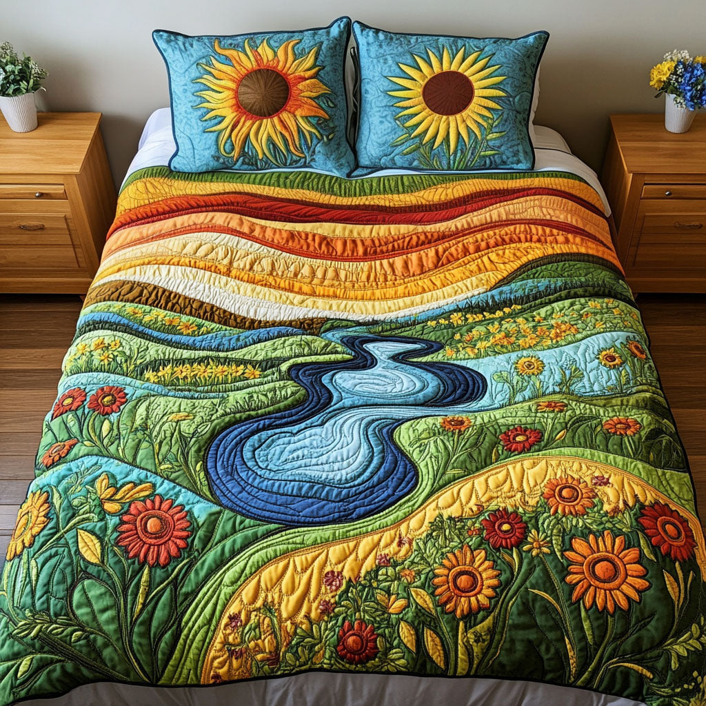 River of Gold Quilted Bedding Set Cozy Bedroom Decor Gifts For Sunflower Lovers