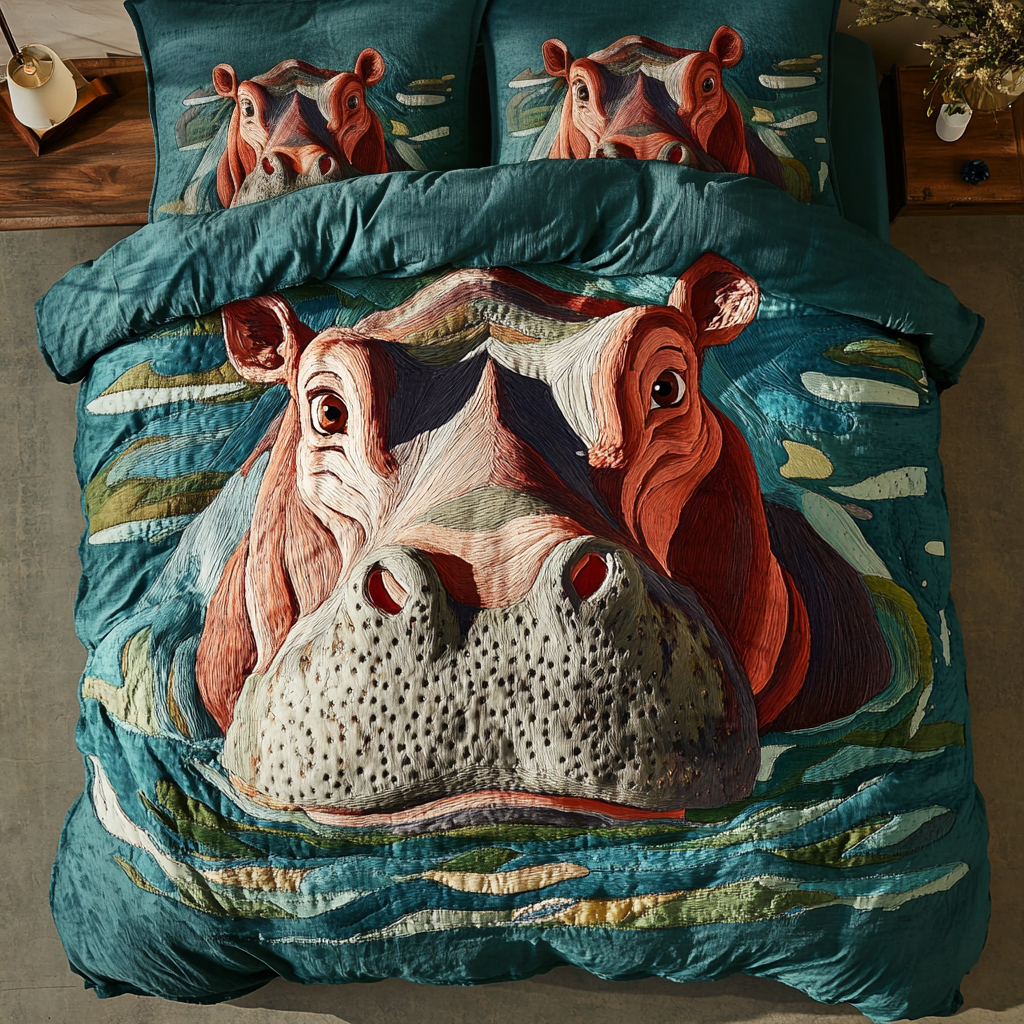 River Snuggle Quilted Bedding Set Best Bed Sheet Set Unique Hippo Gifts