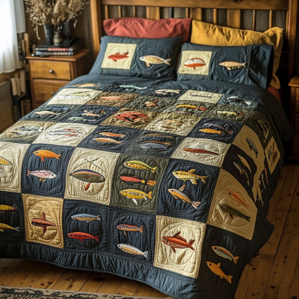 Riverbed Retreat Quilted Bedding Set Cute Bedroom Decor Unique Fishing Giftsf