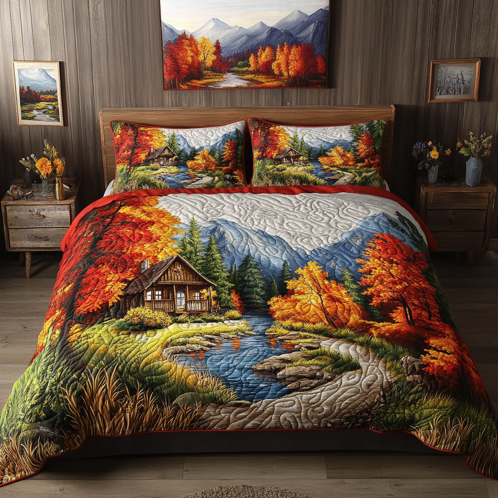 Riverbend Cabin Quilted Bedding Set Cute Bedroom Decor Fun Fall Gift Ideas