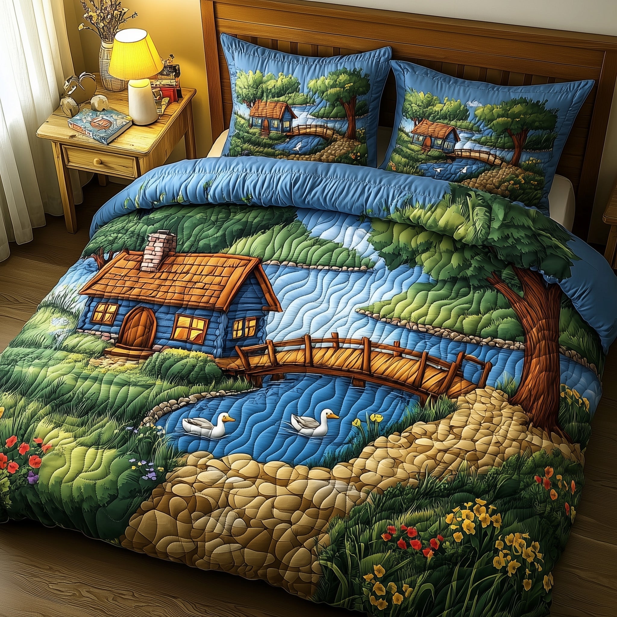 Riverside Peace Quilted Bedding Set Duvet Cover Merchandise Christmas Present For Farmer