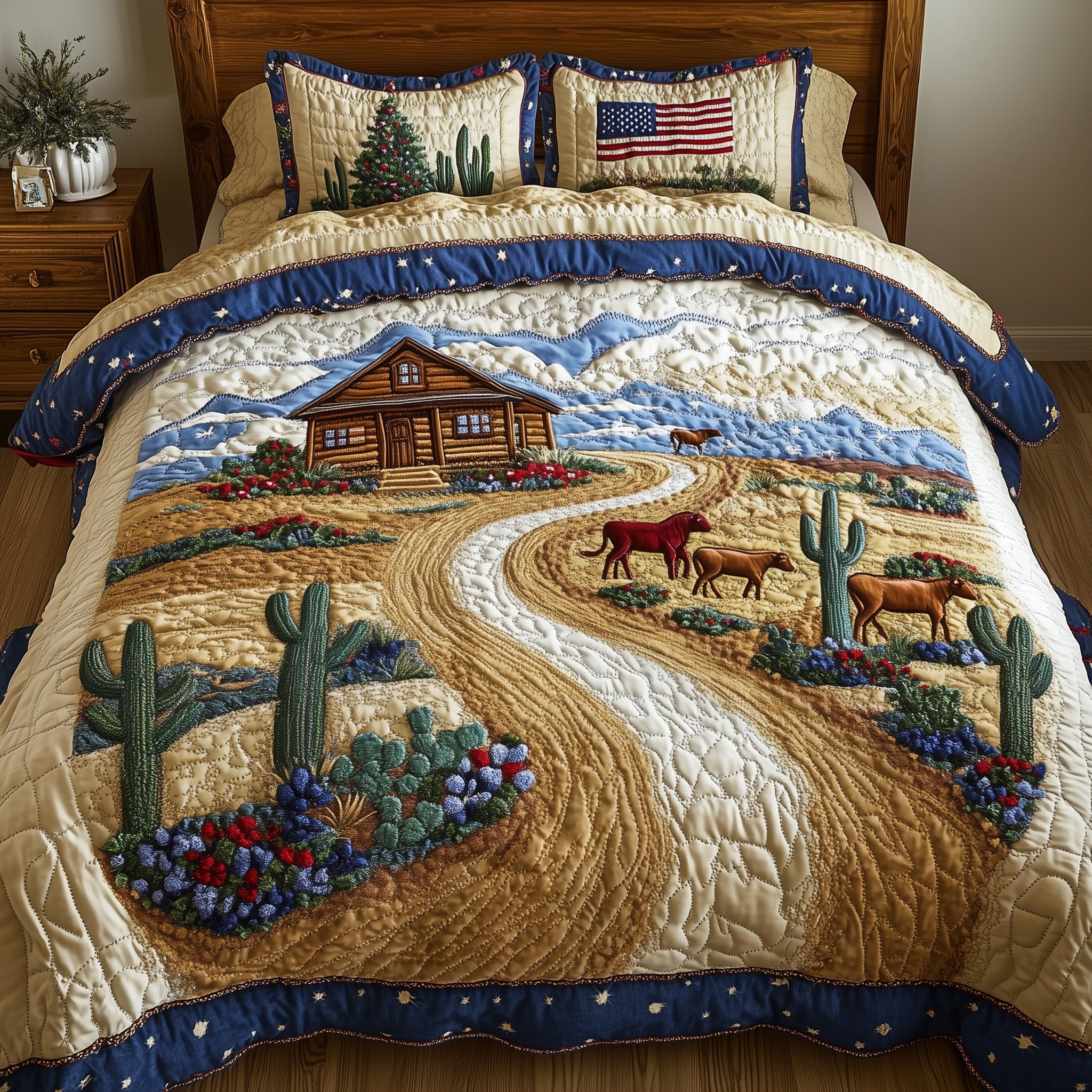 Road to Texas Quilted Bedding Set Duvet Cover Merchandise Cactus Gifts For Him
