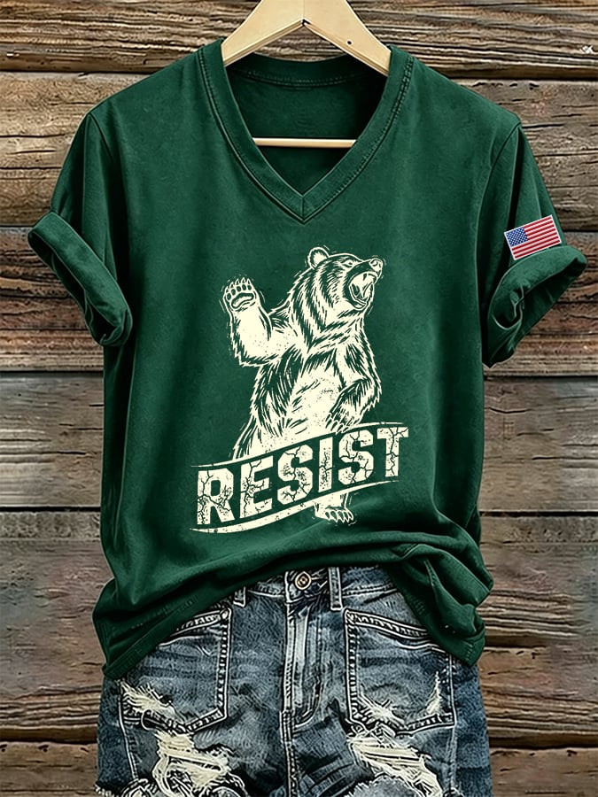 Roaring Bear Resist USA Flag V-Neck Shirt Rebuilding The USFS Merch For National Park Fans