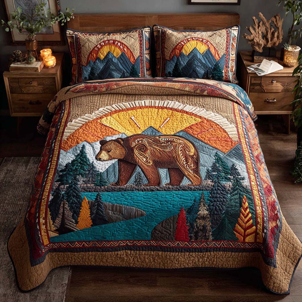 Roaring Hunter Quilted Bedding Set Aesthetic Room Decor Bear Gifts For Women