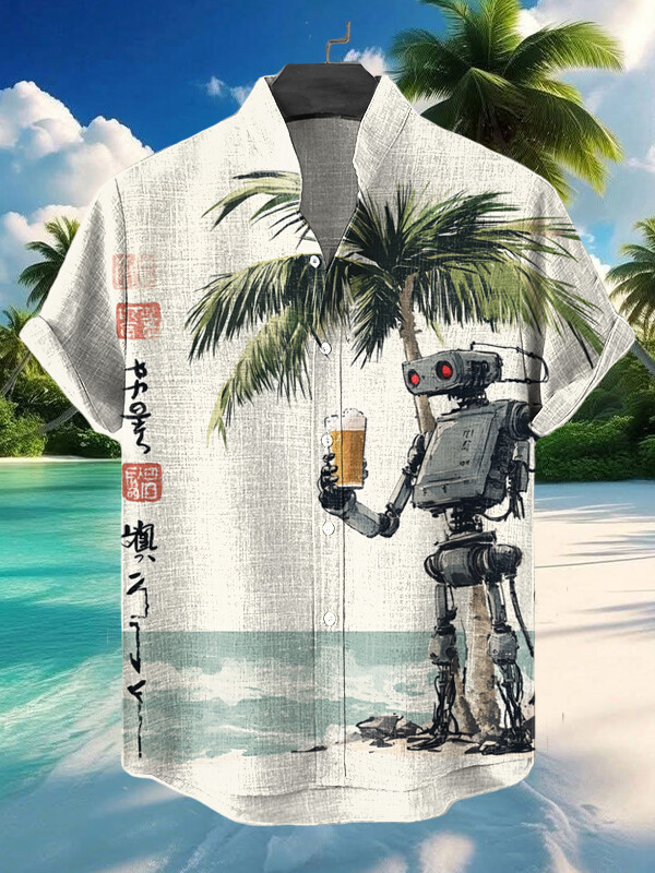 Robot Drinking Under Palm Tree Japanese Art Printed Hawaiian Shirt Presents For Boyfriend
