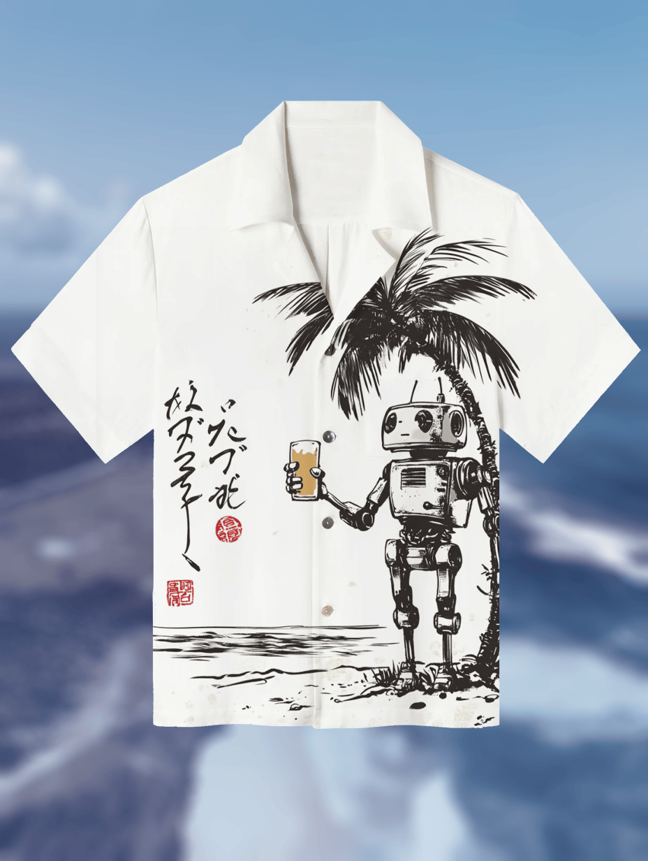 Robot Holding Wine Under Palm Tree Japanese Art Hawaiian Shirt Presents For Boyfriend