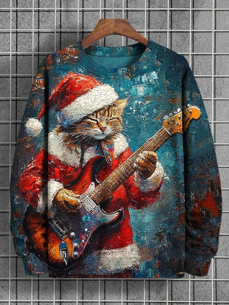 Rock Cat Playing Electric Guitar Christmas Holiday Sweatshirt Music Presents For Cat Lovers