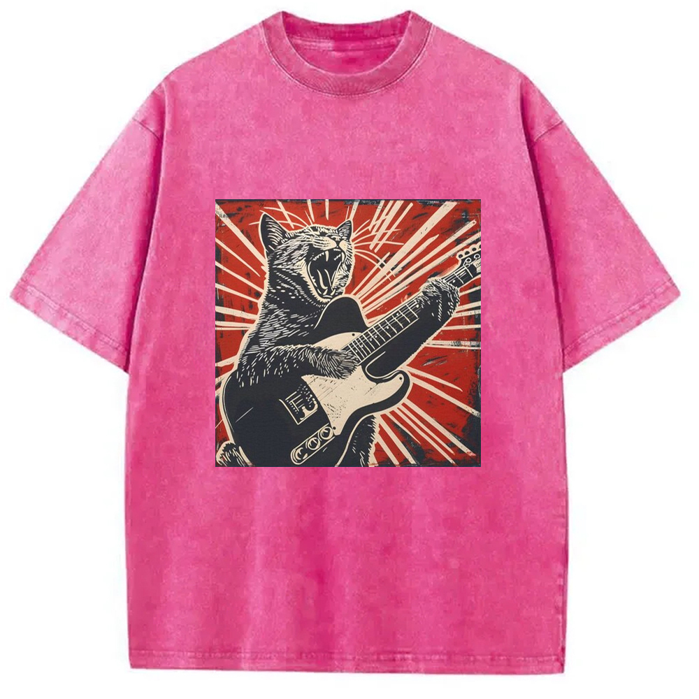 Rock Cat Playing Guitar Washed T-Shirt Trendy Aesthetic Graphic Apparel Gifts For Him