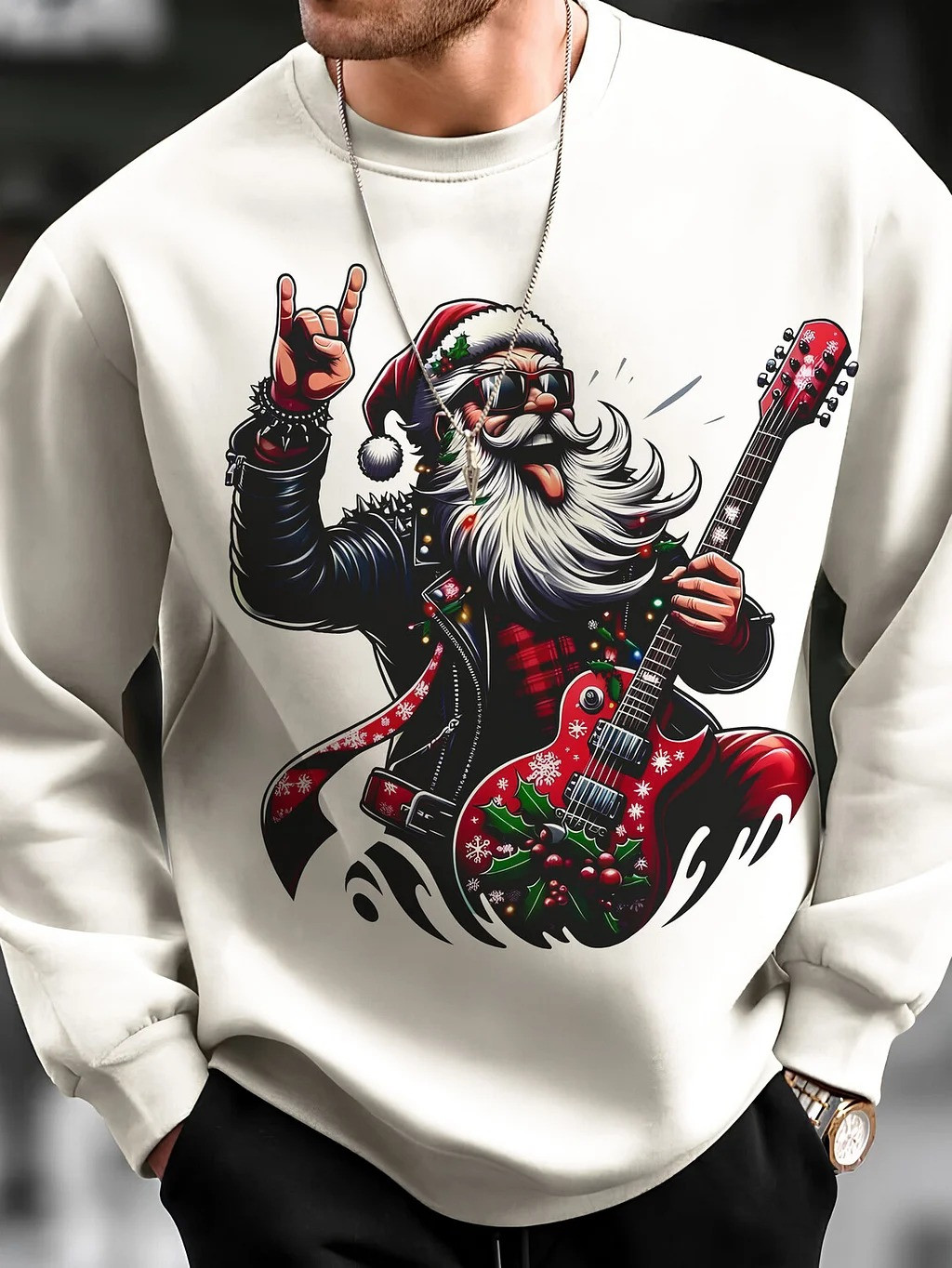 Rock Santa Guitar Christmas Holiday Sweatshirt Funny Clothes Guitar Christmas Gift Ideas