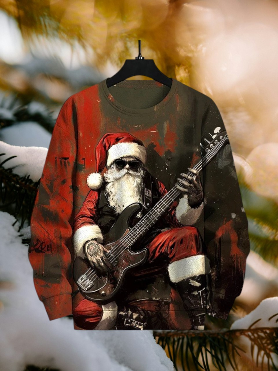 Rock Santa Playing Bass Guitar Christmas Holiday Sweatshirt Music Presents For Guitar Lovers
