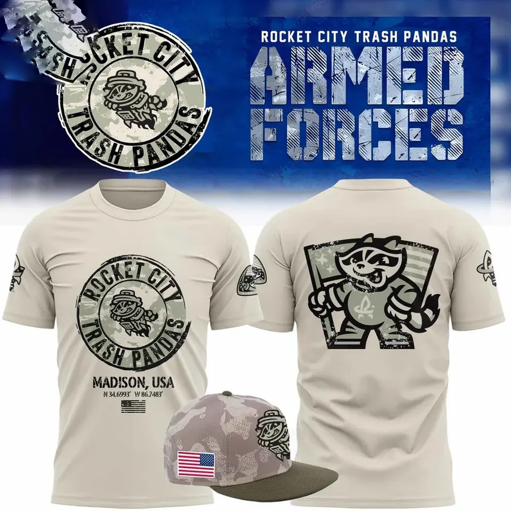 Rocket City Trash Pandas 2025 Armed Forces Limited Edition T-Shirt Baseball Player Gift Ideas